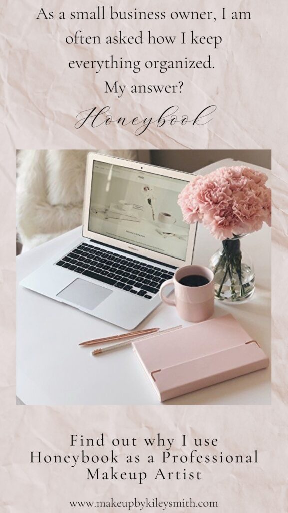 A photo of an open computer open to Honeybook crm next to a vase filled with pink flowers a cup of coffee and a notebook and a pen and pencil 
