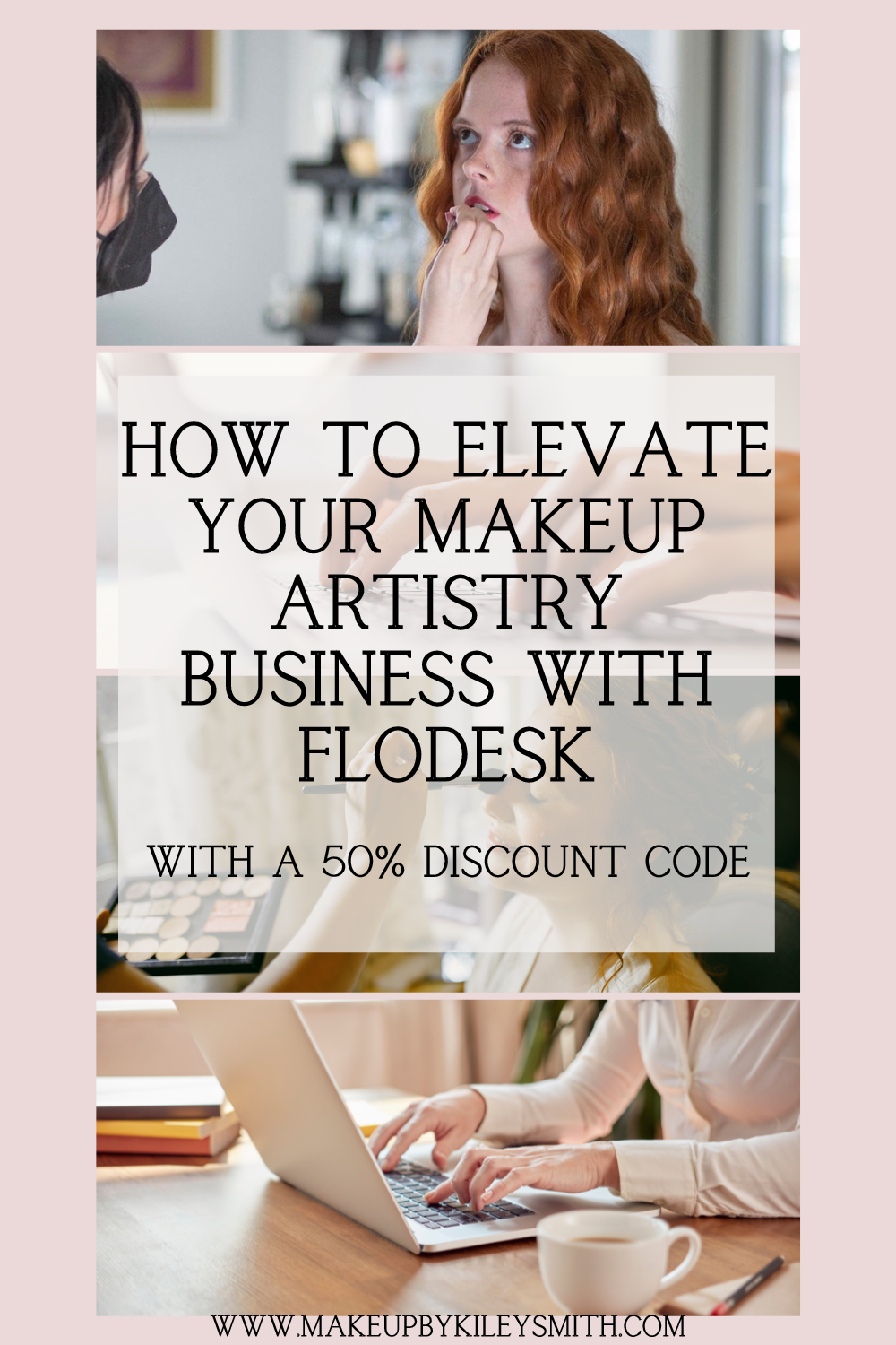 The top photo shows a makeup artist is shown applying makeup to a client. The bottom photo shows a woman typing on her computer keyboard using FloDesk