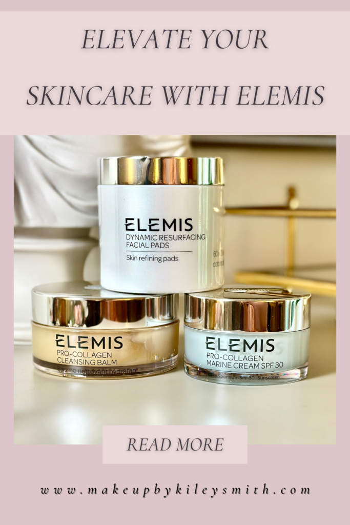 Three containers of elemis skincare sit on a white shelf.