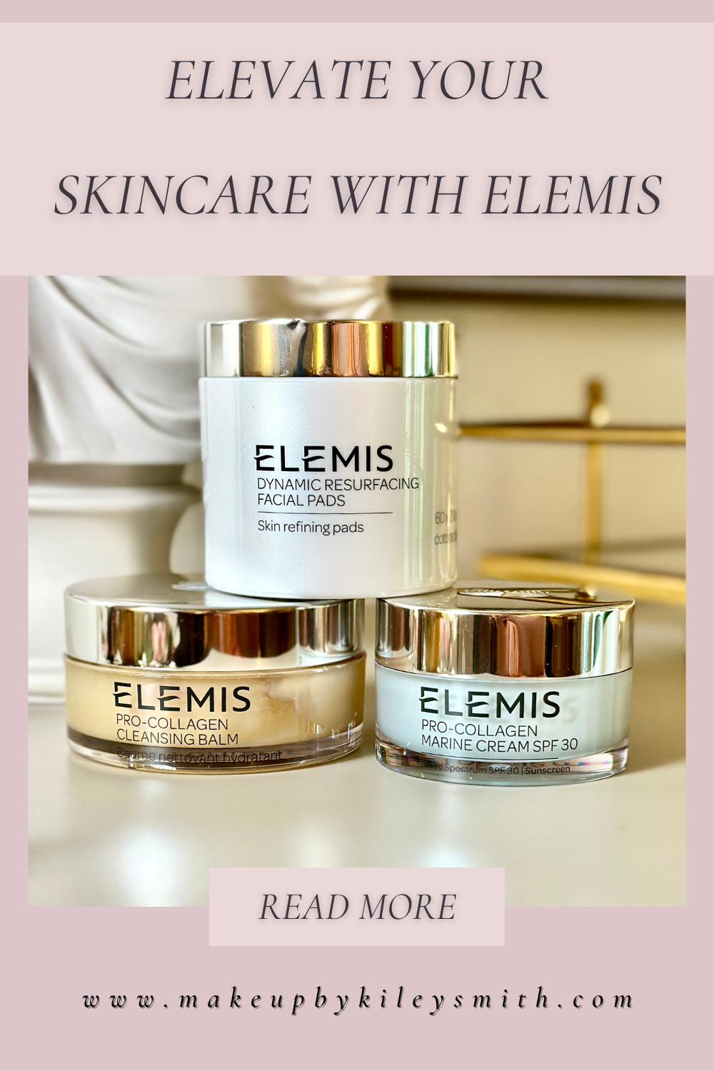 Three containers of Elemis skincare sit upon a white shelf.