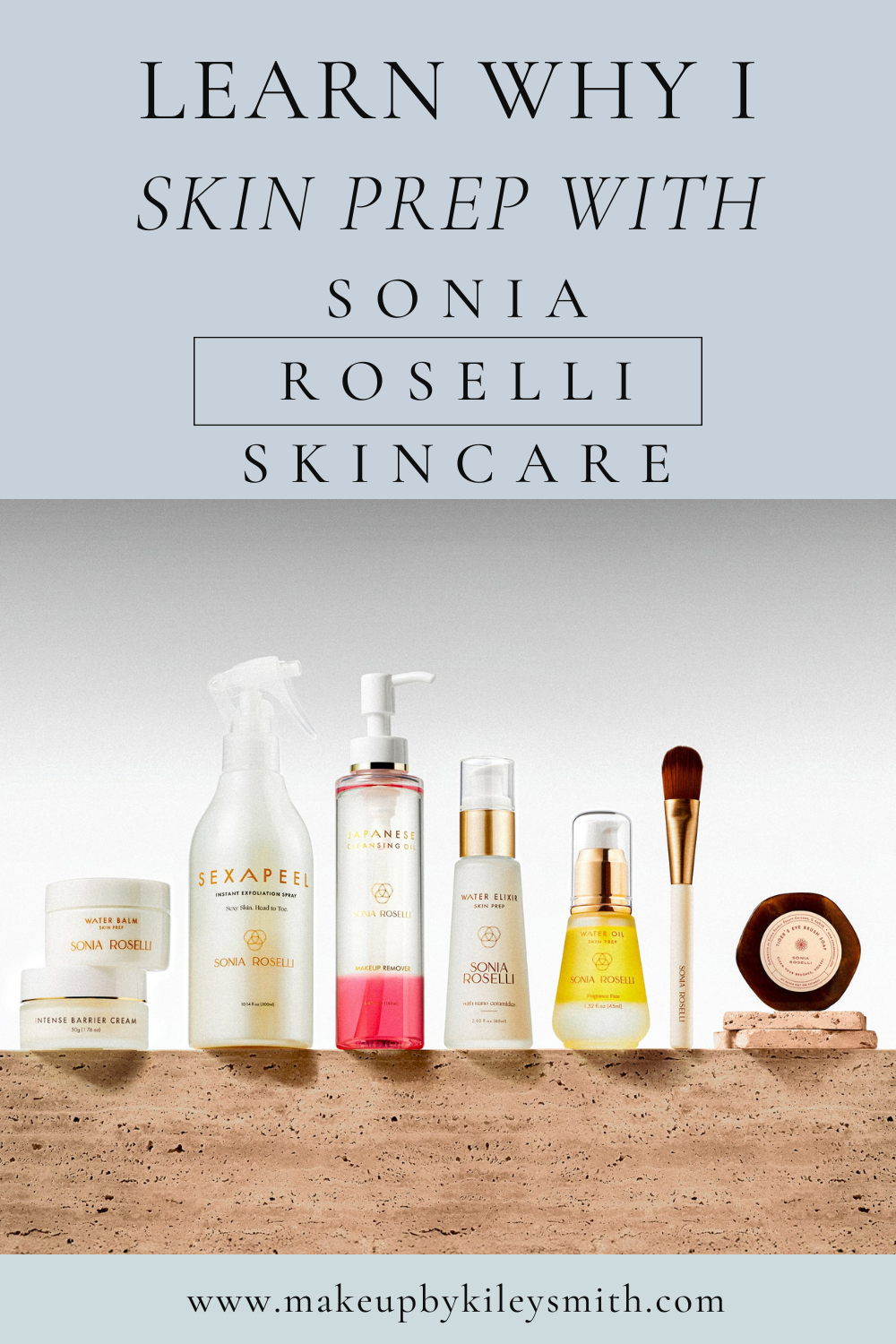Seven of Sonia Roselli Skincare products are lined up on a wooden shelf.